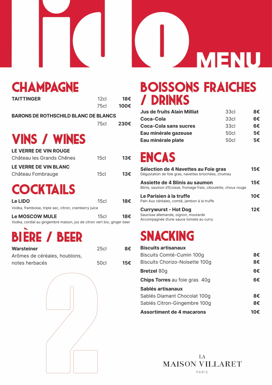 Le menu - Le Bar Le Lido 2 Paris